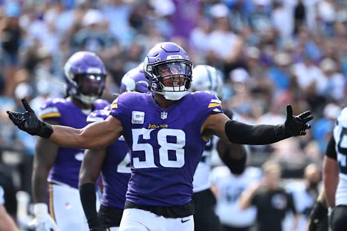 Oct 1, 2023; Charlotte, North Carolina, USA; Minnesota Vikings linebacker Jordan Hicks (58) reacts in the fourth quarter at Bank of America Stadium.