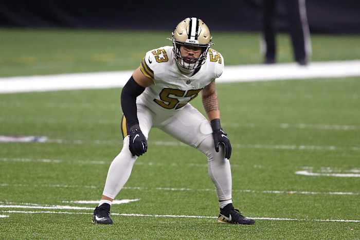 New Orleans Saints linebacker Zack Baun (53) on the kickoff return team.