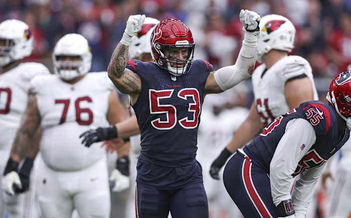 Nov 19, 2023; Houston, Texas, USA; Houston Texans linebacker Blake Cashman (53) reacts after a play during the game against the Arizona Cardinals at NRG Stadium.