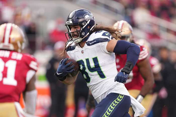Dec 10, 2023; Santa Clara, California, USA; Seattle Seahawks tight end Colby Parkinson (84) runs after a catch against the San Francisco 49ers during the third quarter at Levi's Stadium. Mandatory Credit: Darren Yamashita-USA TODAY Sports