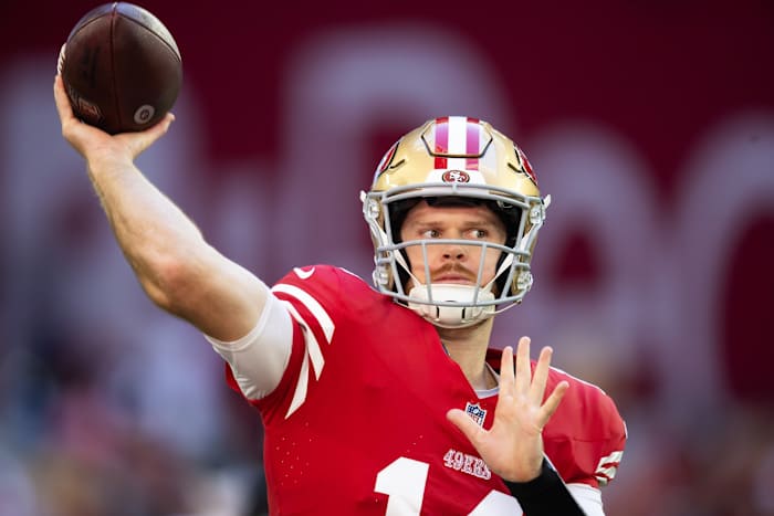 Dec 17, 2023; Glendale, Arizona, USA; San Francisco 49ers quarterback Sam Darnold (14) against the Arizona Cardinals at State Farm Stadium.