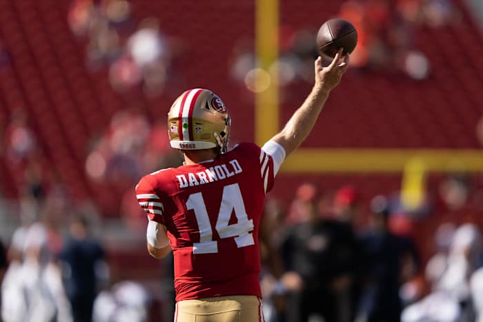 Aug 19, 2023; Santa Clara, California, USA; San Francisco 49ers quarterback Sam Darnold (14) warms up before the start of the first quarter against the Denver Broncos at Levi's Stadium.