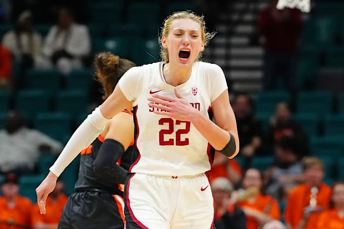 Mar 8, 2024; Las Vegas, NV, USA; Stanford Cardinal forward Cameron Brink (22) celebrates after making a play against the Oregon State Beavers during the third quarter at MGM Grand Garden Arena. Mandatory Credit: Stephen R. Sylvanie-USA TODAY Sports