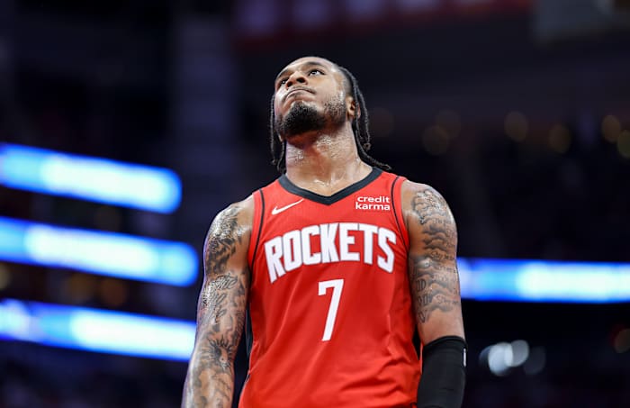 Rockets forward Cam Whitmore (7) reacts after a play during the fourth quarter against the Los Angeles Clippers at Toyota Center.