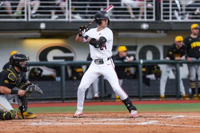 Georgia outfielder Charlie Condon waits for a pitch against the Iowa Hawkeyes.