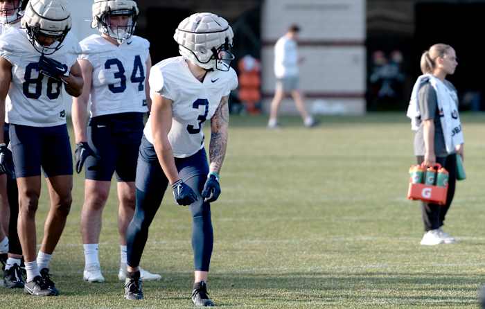 Penn State receiver Julian Fleming runs a drill during spring football practice in State College.
