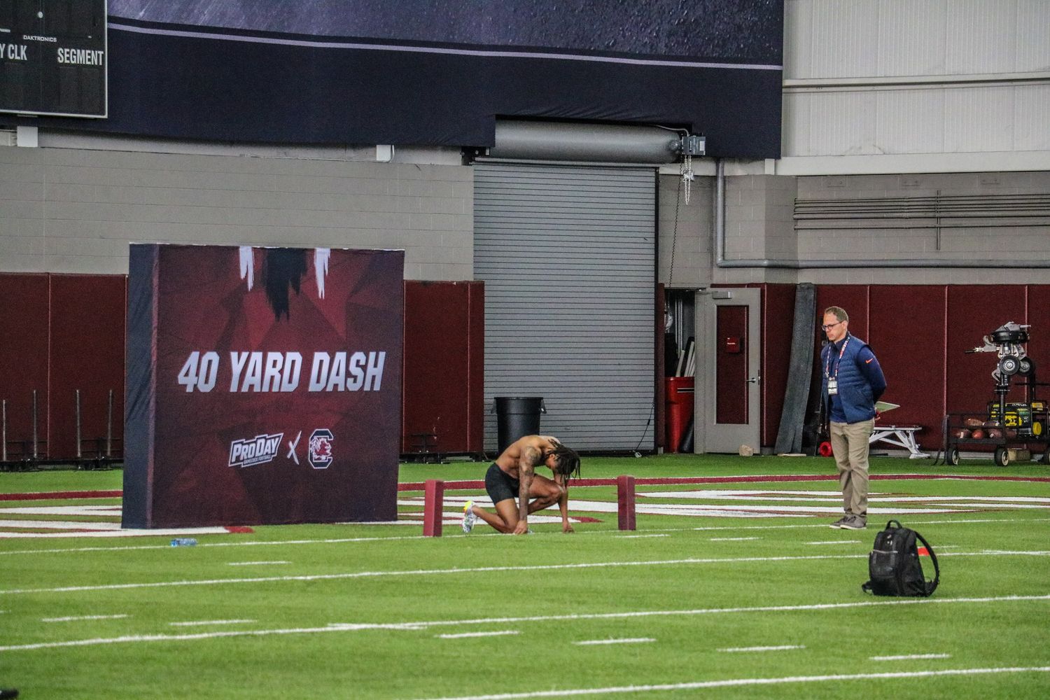Ahmarean Brown gets lined up for the 40-yard dash