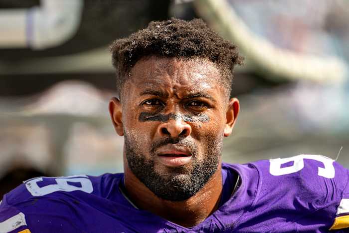 Oct 1, 2023; Charlotte, North Carolina, USA; Minnesota Vikings linebacker Danielle Hunter (99) on the sidelines in the third quarter at Bank of America Stadium.