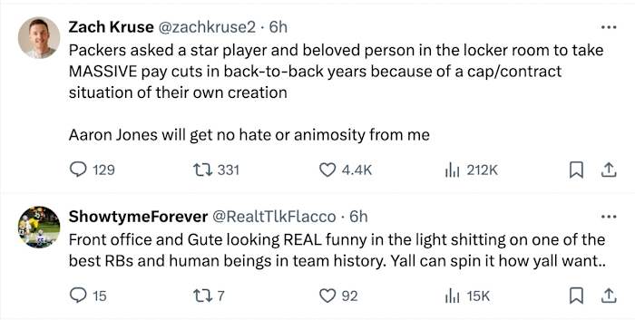 Screenshot of tweets liked by Aaron Jones on Tuesday.