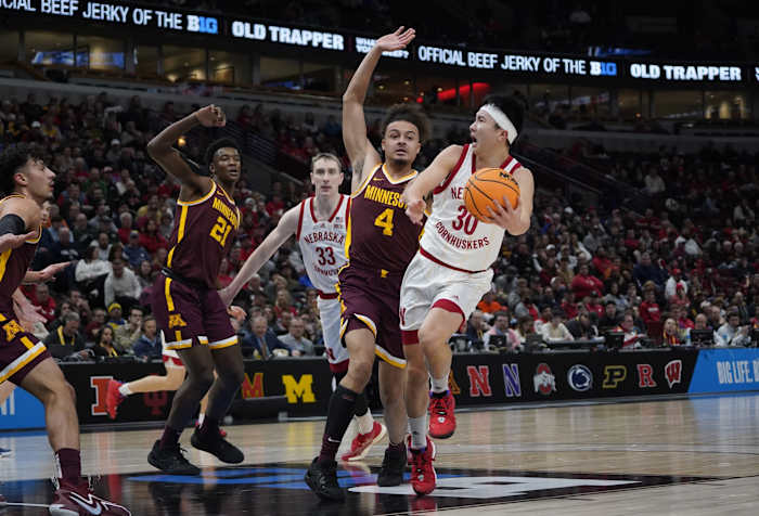 Mar 8, 2023; Chicago, IL, USA; Minnesota Golden Gophers guard Braeden Carrington (4) defends Nebraska Cornhuskers guard Keisei Tominaga (30) during the first half at United Center.