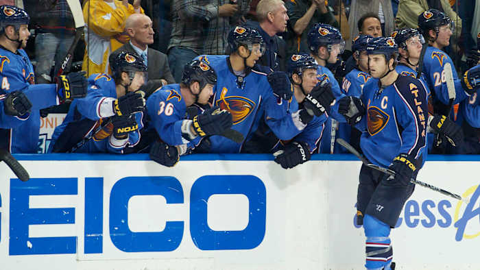 Atlanta Thrashers players celebrate after a goal