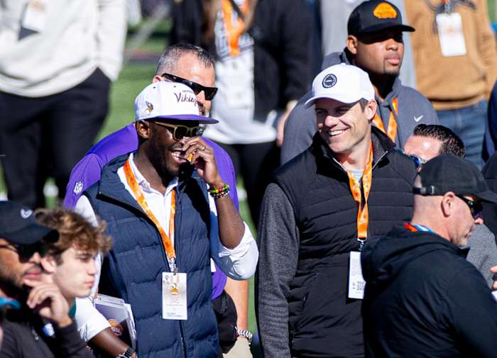 Kwesi Adofo-Mensah and Kevin O'Connell at the 2024 Senior Bowl in Mobile, Alabama.