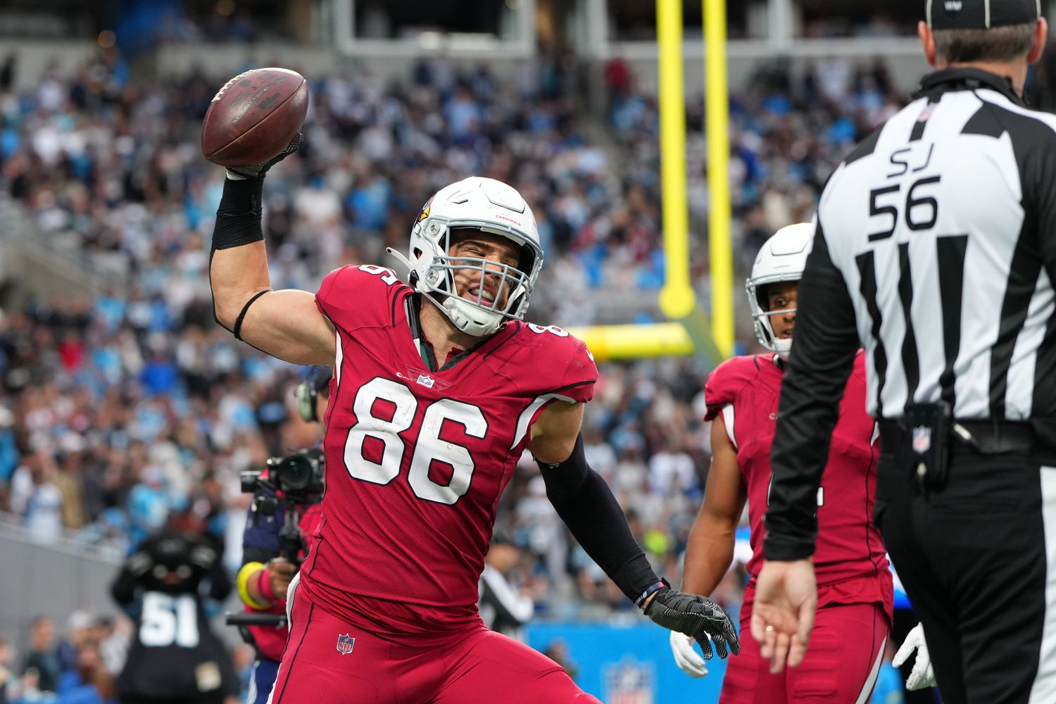 Arizona Cardinals tight end Zach Ertz (86) reacts after scoring a touchdown in the third quarter at Bank of America Stadium. Mandatory Credit: Bob Donnan-USA TODAY Sports