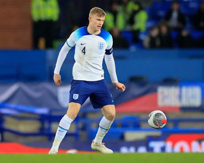Jarrad Branthwaite pictured in November 2023 while playing for England against Northern Ireland in a U21 international