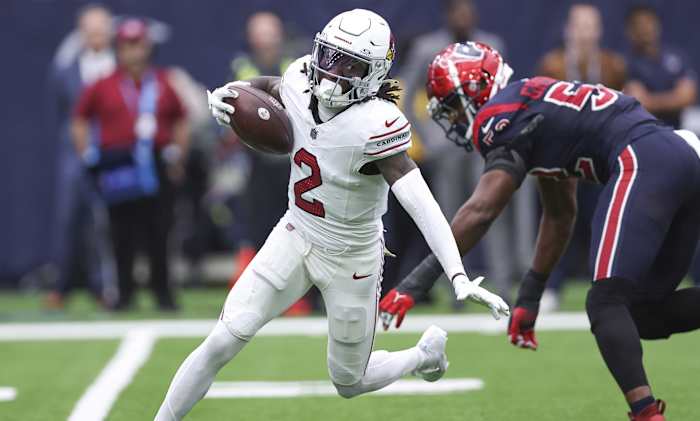 Nov 19, 2023; Houston, Texas, USA; Arizona Cardinals wide receiver Marquise Brown (2) runs with the ball during the game against the Houston Texans at NRG Stadium.