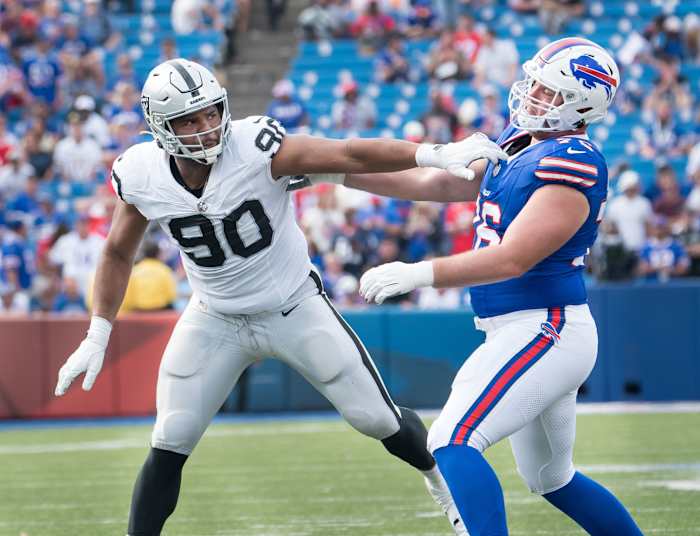 Sep 17, 2023; Orchard Park, New York, USA; Las Vegas Raiders defensive tackle Jerry Tillery (90) against Buffalo Bills guard David Edwards (76) in the fourth quarter at Highmark Stadium.