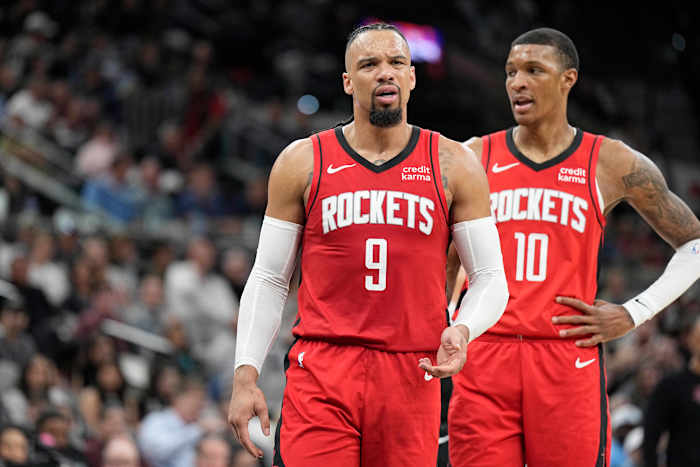 Rockets forward Dillon Brooks (9) argues a foul call with an official during the second half against the San Antonio Spurs at Frost Bank Center.