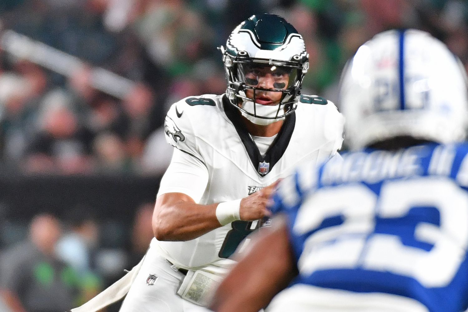 Philadelphia Eagles quarterback Marcus Mariota (8) looks for a receiver against the Indianapolis Colts during the first quarter at Lincoln Financial Field. Mandatory Credit: Eric Hartline-USA TODAY Sports