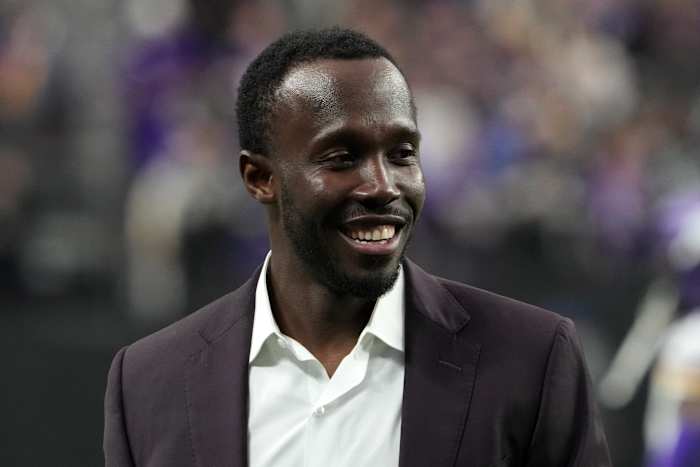 Dec 10, 2023; Paradise, Nevada, USA; Minnesota Vikings general manager Kwesi Adofo-Mensah reacts during the game against the Minnesota Vikings at Allegiant Stadium.