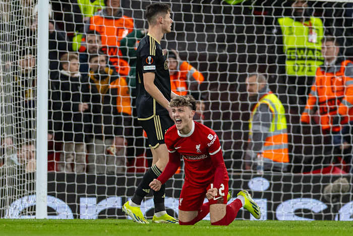 Bobby Clark pictured celebrating after scoring the first goal of his Liverpool career in a 6-1 win over Sparta Prague in the UEFA Europa League in March 2024