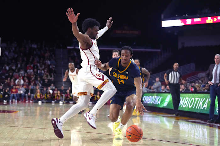 USC Trojans guard Bronny James defends a California Golden Bears player.