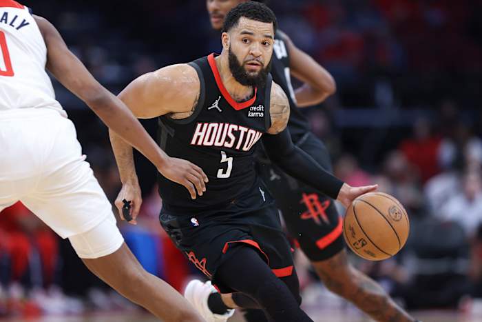 Rockets guard Fred VanVleet (5) dribbles the ball during the first quarter against the Washington Wizards at Toyota Center.