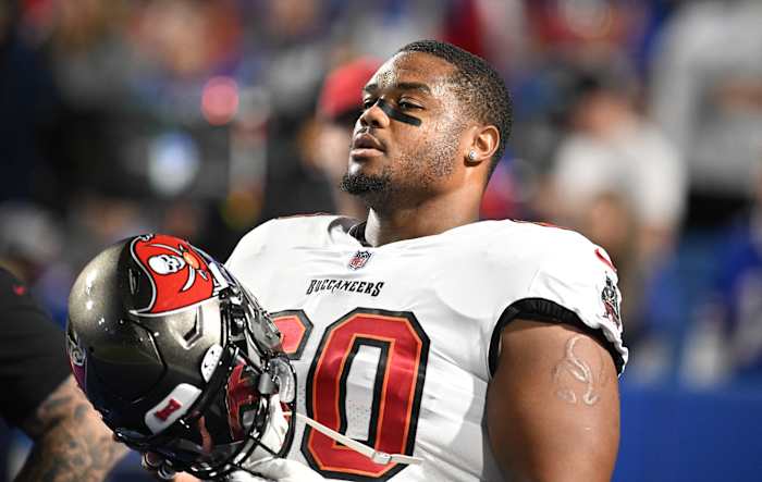 Tampa Bay Buccaneers guard Nick Leverett (60) warms up before a game against the Buffalo Bills at Highmark Stadium. Mandatory Credit: Mark Konezny-USA TODAY Sports
