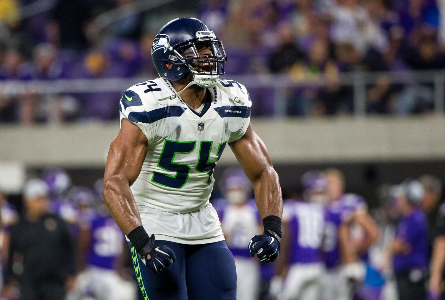 Seattle Seahawks linebacker Bobby Wagner (54) celebrates in the second quarter against Minnesota Vikings at U.S. Bank Stadium. Mandatory Credit: Brad Rempel-USA TODAY Sports