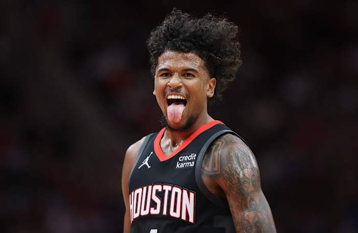 Rockets guard Jalen Green (4) reacts after making a basket during the third quarter against the Washington Wizards at Toyota Center.