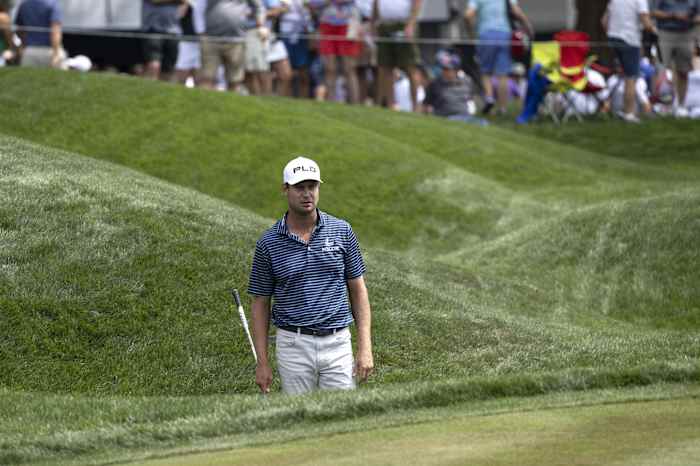 Mar 15, 2024; Ponte Vedra Beach, Florida, USA; Harris English watches his shot from the rough during the second round of THE PLAYERS Championship golf tournament.