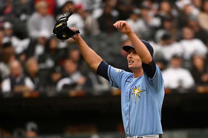 Apr 29, 2023; Chicago, Illinois, USA; Tampa Bay Rays starting pitcher Calvin Faucher (58) after being relieved against the Chicago White Sox during the second inning at Guaranteed Rate Field. Mandatory Credit: Matt Marton-USA TODAY Sports