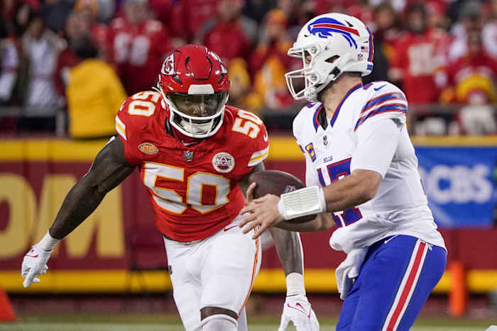 Kansas City Chiefs linebacker Willie Gay (50) chases down Buffalo Bills quarterback Josh Allen (17). Mandatory Credit: Denny Medley-USA TODAY Sports