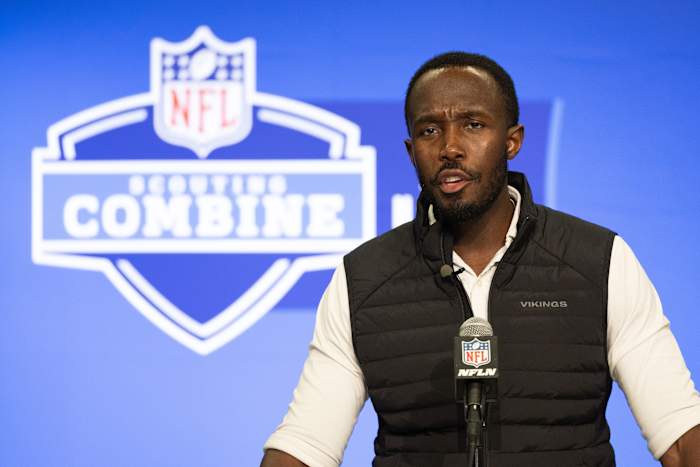 Feb 27, 2024; Indianapolis, IN, USA; Minnesota Vikings general manager Kwesi Adofo-Mensah talks to the media at the 2024 NFL Combine at Indiana Convention Center.