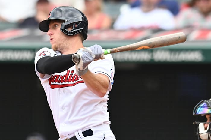 Aug 6, 2023; Cleveland, Ohio, USA; Cleveland Guardians center fielder Myles Straw (7) hits a single during the third inning against the Chicago White Sox at Progressive Field. Mandatory Credit: Ken Blaze-USA TODAY Sports
