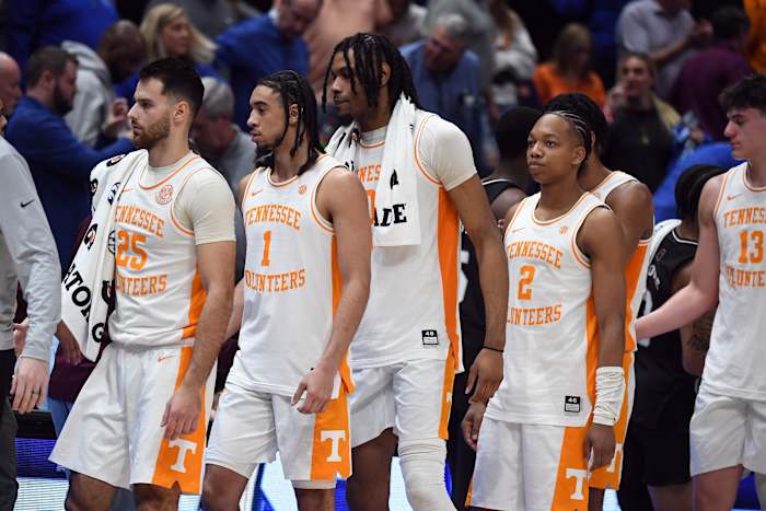 Mar 15, 2024; Nashville, TN, USA; Tennessee Volunteers players walk the handshake line after a loss against the Mississippi State Bulldogs at Bridgestone Arena.