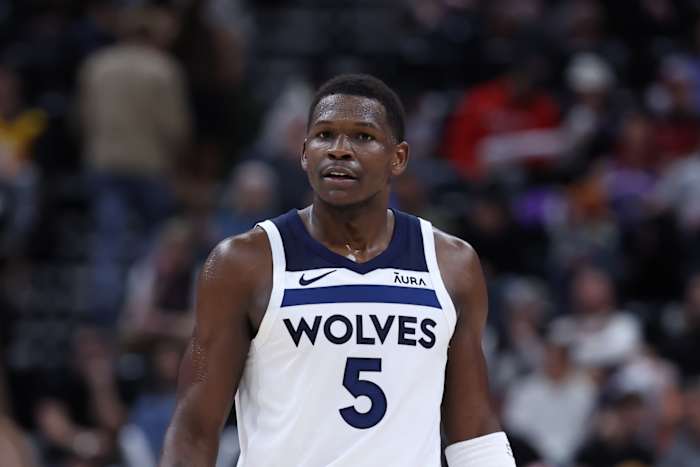 Mar 18, 2024; Salt Lake City, Utah, USA; Minnesota Timberwolves guard Anthony Edwards (5) looks on against the Utah Jazz during the fourth quarter at Delta Center.