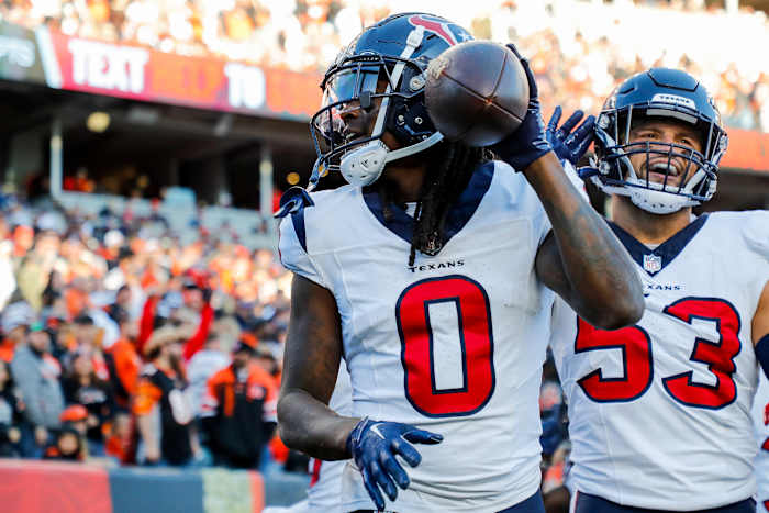 Nov 12, 2023; Cincinnati, Ohio, USA; Houston Texans cornerback Shaquill Griffin (0) reacts after intercepting the ball against the Cincinnati Bengals in the second half at Paycor Stadium.