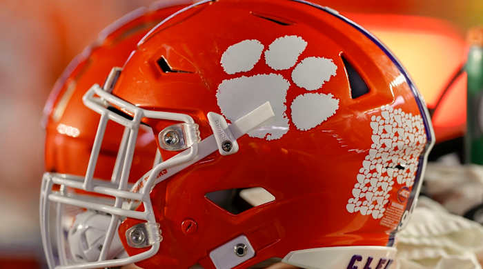 The logo of the Clemson Tigers is seen on a football helmet during the second half of the game between the Boston College Eagles and the Clemson Tigers at Alumni Stadium.