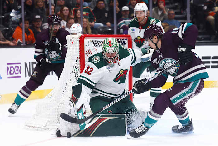 Minnesota Wild goaltender Filip Gustavsson (32) makes a save against Anaheim Ducks right wing Troy Terry (19) during the second period of a game at Honda Center in Anaheim, Calif., on March 19, 2024.