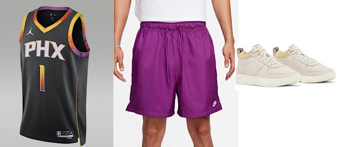 Devin Booker's Suns jersey, Nike sneakers, and shorts.