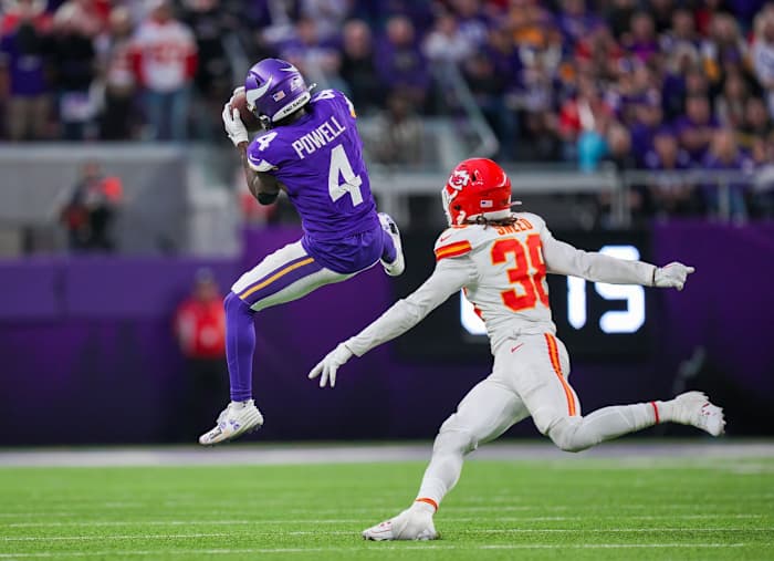 Oct 8, 2023; Minneapolis, Minnesota, USA; Minnesota Vikings wide receiver Brandon Powell (4) catches a pass against the Kansas City Chiefs cornerback L'Jarius Sneed (38) in the fourth quarter at U.S. Bank Stadium.