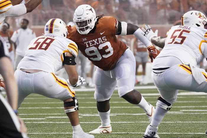 Texas Longhorns defensive lineman T'Vondre Sweat (93) rushes against the Louisiana Monroe Warhawks. Mandatory Credit: Scott Wachter-USA TODAY Sports