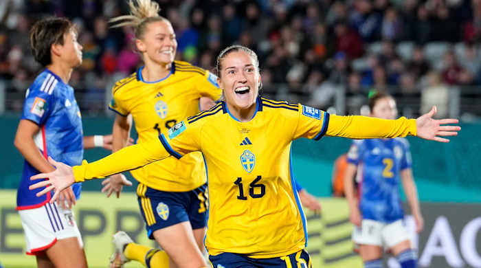 Sweden's Filippa Angeldal celebrates after scoring her side's second goal from the penalty spot against Japan during the Women's World Cup quarterfinal.