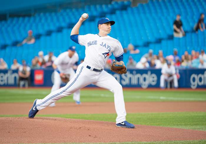 Toronto Blue Jays starting pitcher Aaron Sanchez throws a pitch during the first inning against the Cleveland Indians at Rogers Centre. (2019)