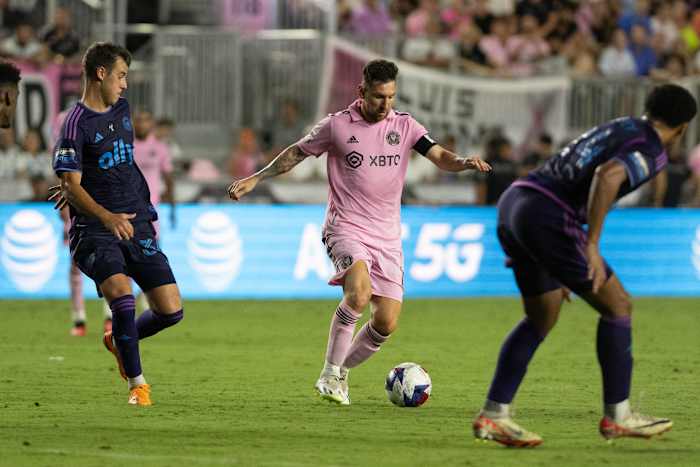 Lionel Messi pictured (center) in action for Inter Miami against Charlotte FC during the quarter-finals of the 2023 Leagues Cup
