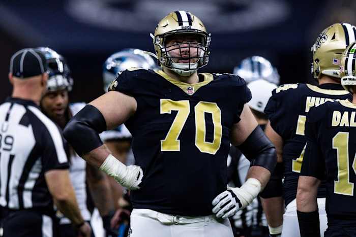 New Orleans Saints offensive tackle Trevor Penning (70) looks on against the Carolina Panthers. Mandatory Credit: Stephen Lew-USA TODAY Sports