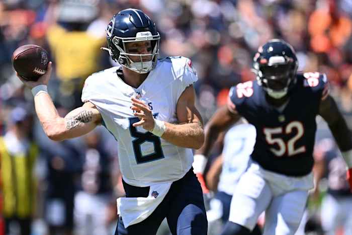 Will Levis (8) passes against the Chicago Bears in the first half at Soldier Field.