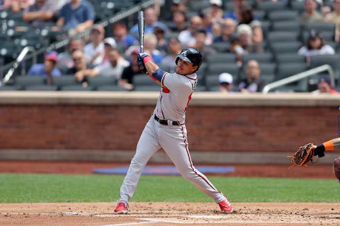 Aug 12, 2023; New York City, New York, USA; Atlanta Braves shortstop Nicky Lopez (15) follows through on an RBI double against the New York Mets during the second inning at Citi Field.