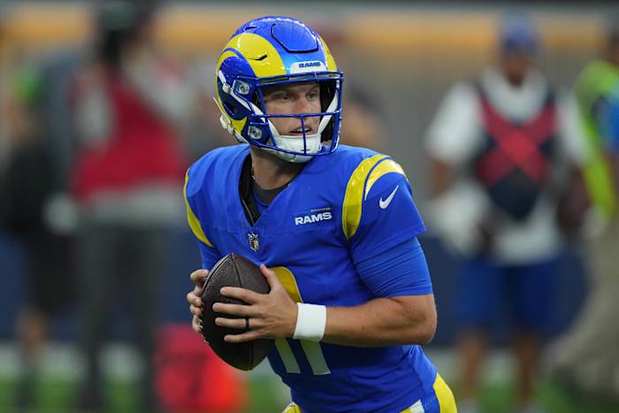 Aug 12, 2023; Inglewood, California, USA; Los Angeles Rams quarterback Brett Rypien (11) throws the ball in the first half against the Los Angeles Chargers at SoFi Stadium. Mandatory Credit: Kirby Lee-USA TODAY Sports