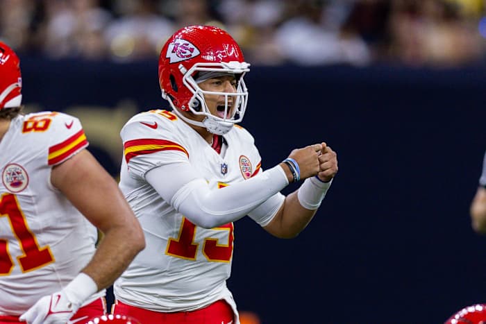 Kansas City Chiefs quarterback Patrick Mahomes calls a play against the New Orleans Saints.